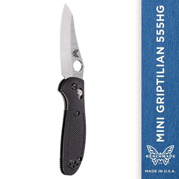 Benchmade Mini-Griptilian 555HG, Satin Plain Hollow Ground, Black