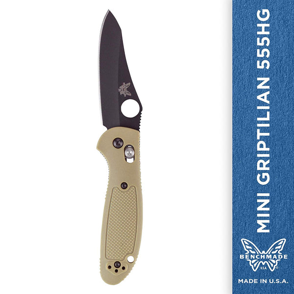 Benchmade Mini-Griptilian 555BKHGSN, Black Plain Hollow Ground, Sand