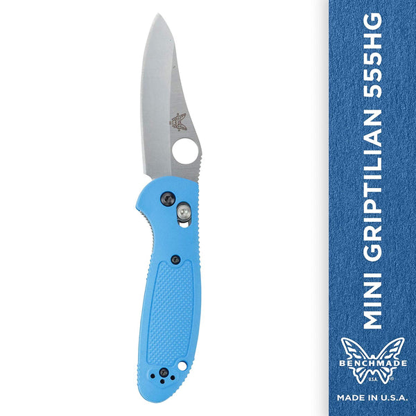 Benchmade Mini-Griptilian 555HG-BLU, Satin Plain Hollow Ground, Blue