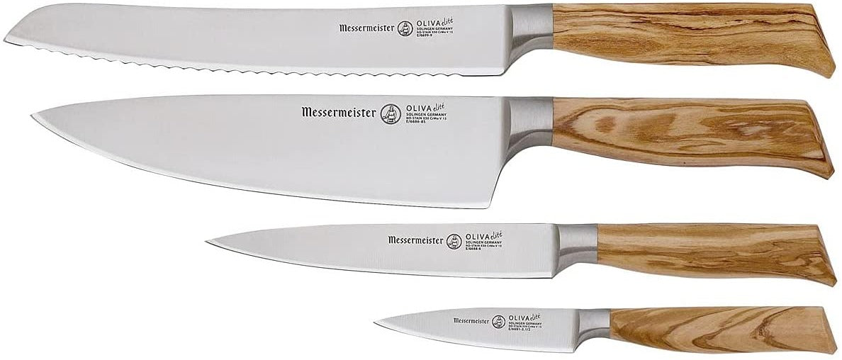 Messermeister E/6000-4SB, Oliva Elite Professional 4 Piece German 8 Inch Chef, 6 Inch Utility, Bread Knife, and 3.5 Inch Paring, Knife Set