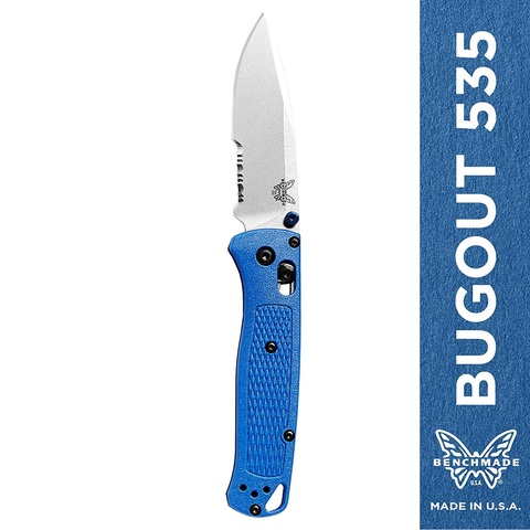 Benchmade Bugout Blue Handle, Satin Finish, Serrated