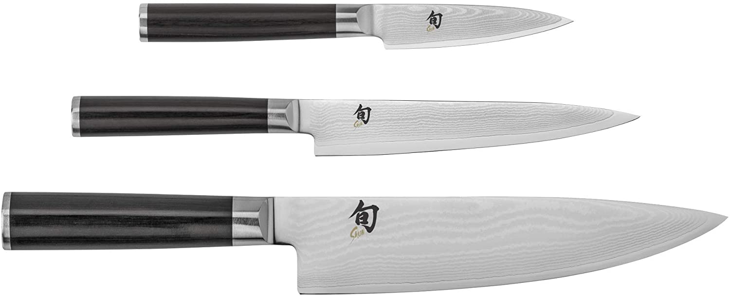Shun Classic 3-Piece Starter Set; 8” Multi-Purpose Chef’s Knife, 3.5” Paring Knife and 6” Utility Knife