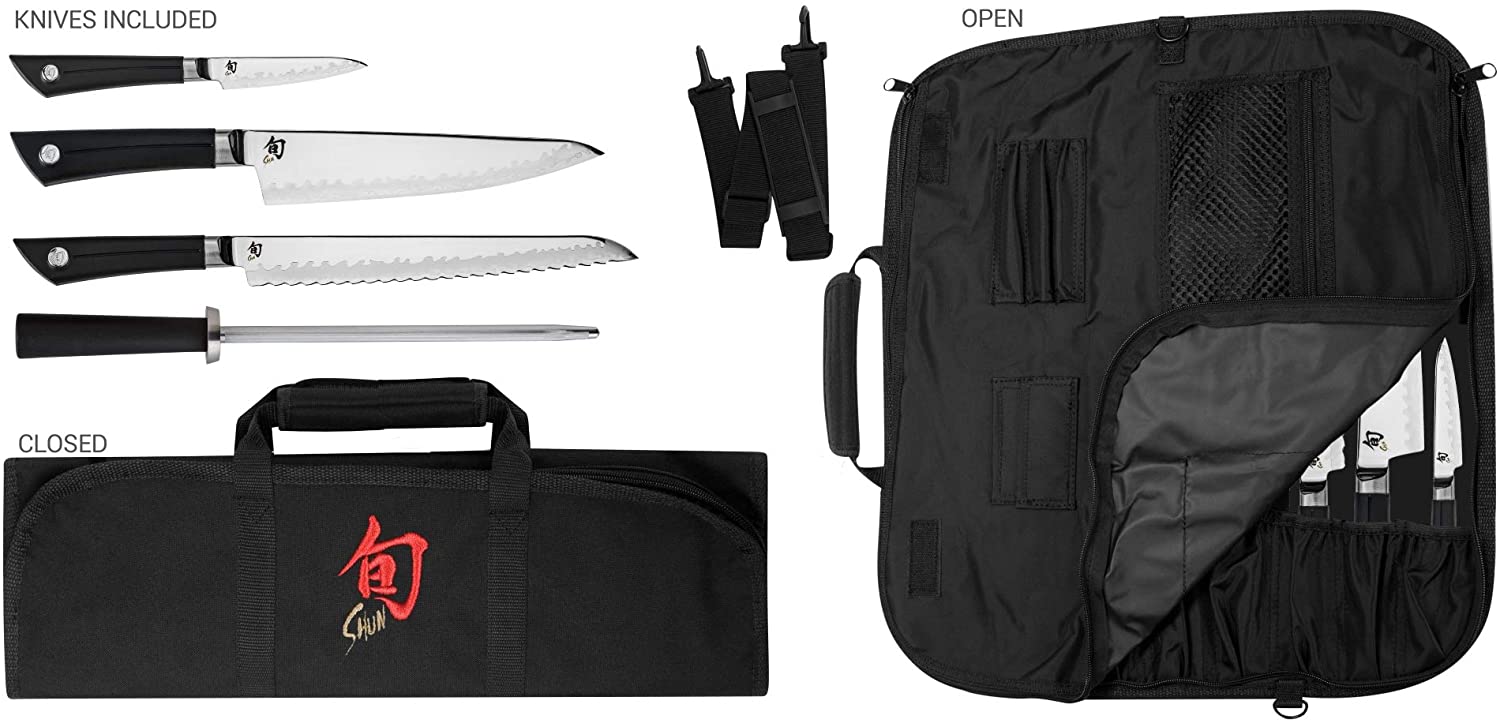 Shun Sora 5-Piece Student Set Including Stainless Steel Chef’s 3.5 Paring, 9-Inch Bread, Honing Steel and 8-Slot, Black Nylon Knife Roll
